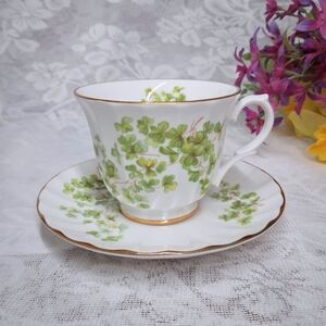 VIntage Crown Trent Bone China Teacup And Saucer England Shamrock Clovers Oxalis